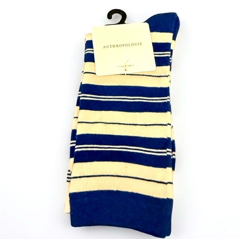 Anthropologie Striped Crew Socks Set of 2 Navy Blue Cream Cotton Blend